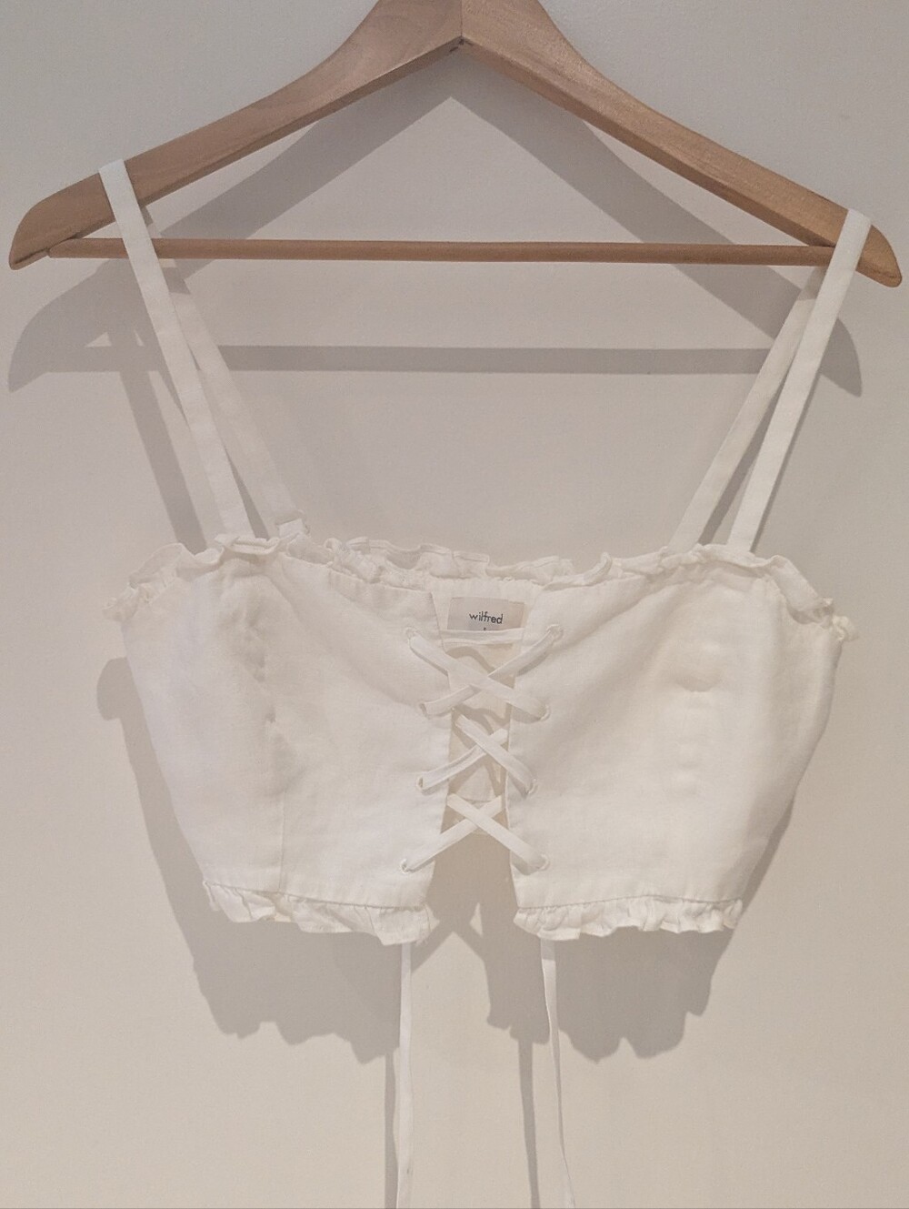 Wilfred White Lace-Up Ruffle Crop Top 100% Linen